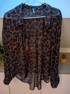 Free People Sheer Leopard Print Button-Down Shirt - Brown and Black